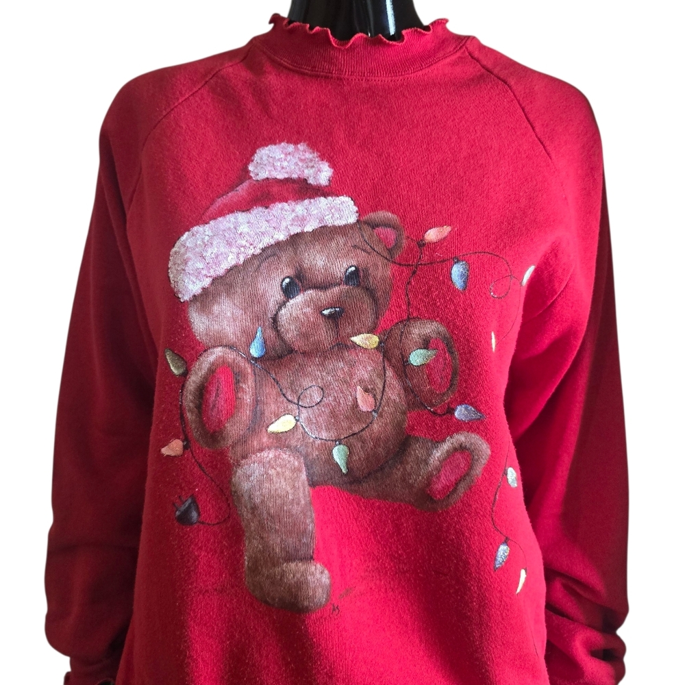 Vintage 80s 90s Christmas Santa Teddy Bear Sweatshirt | Made in USA | Large